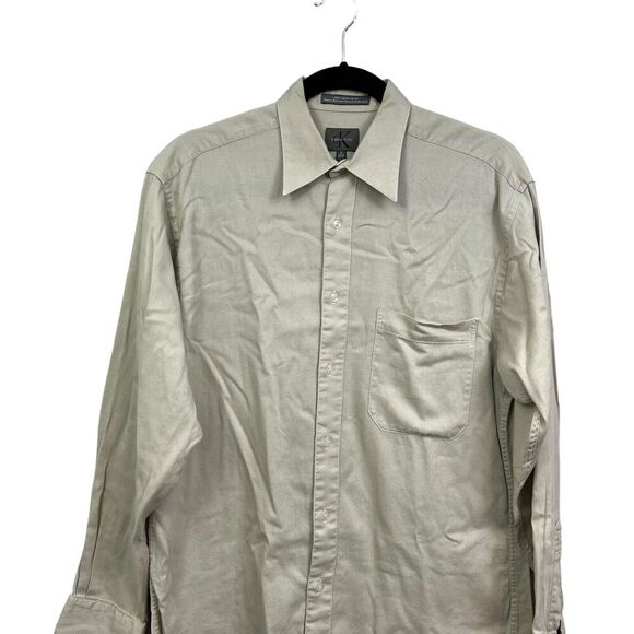 Calvin Klein Mens Button Up Shirt Long Sleeve Pen Pocket Beige Size 32-33‎ 15 - Picture 2 of 5